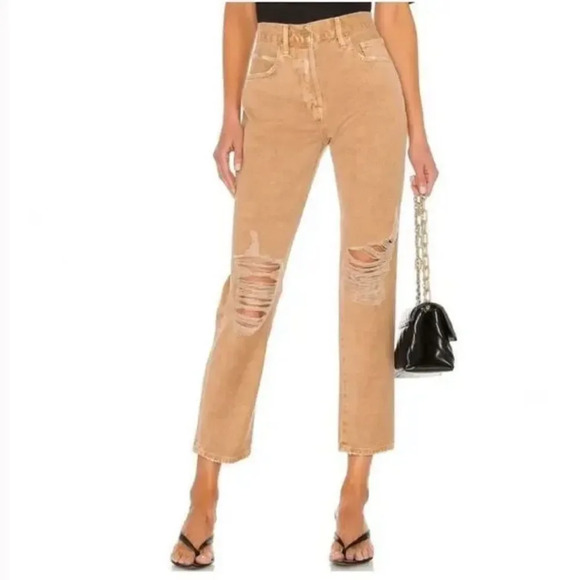 Frame Le Original High Waist Slim Straight Leg Crop Jeans Distressed Sand Tan 32 - Picture 1 of 10
